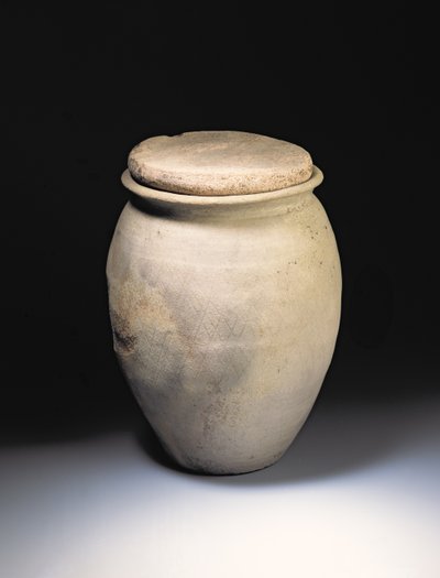 Crematie urn met rasterpatroon, van de Romeinse site in Newstead, Melrose door Roman